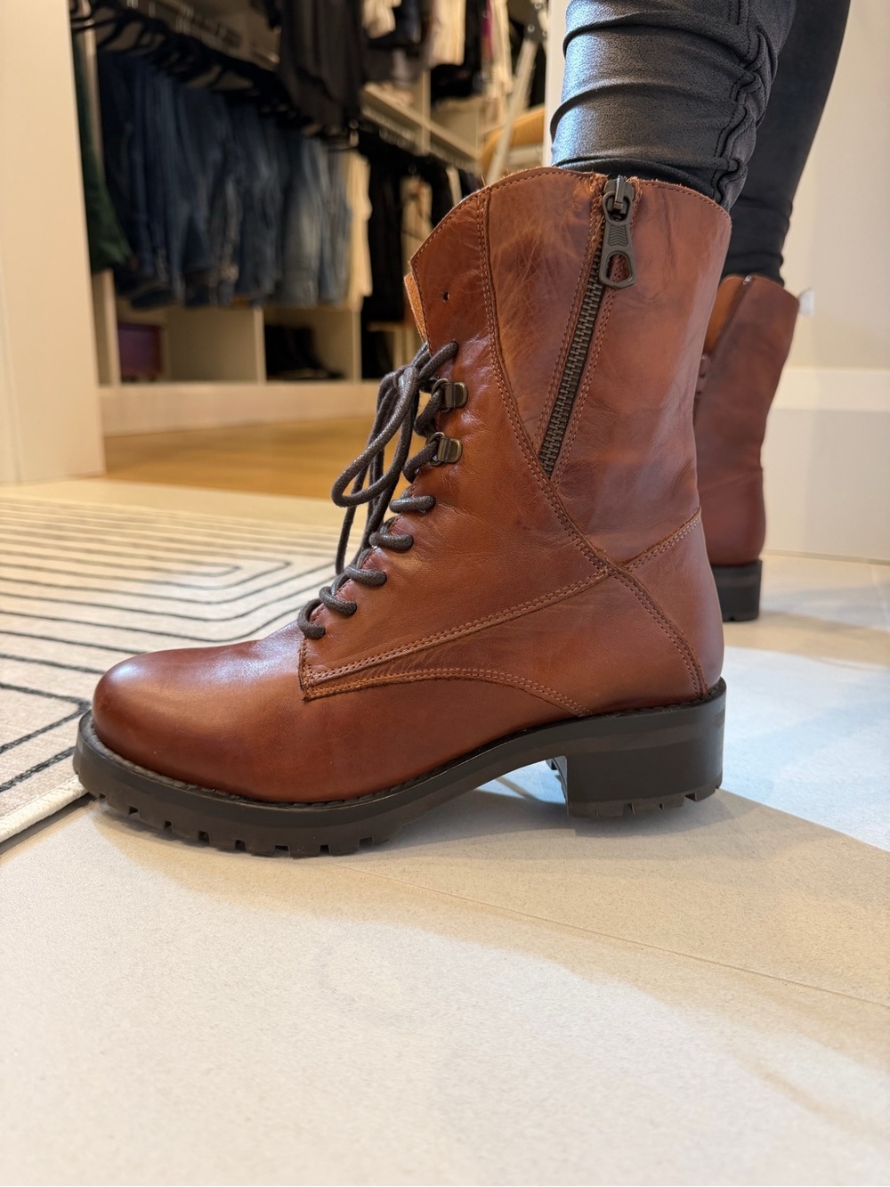 Women's Cognac Brown Leather Lace-Up Boots with Side Zip - Picture 4 of 4